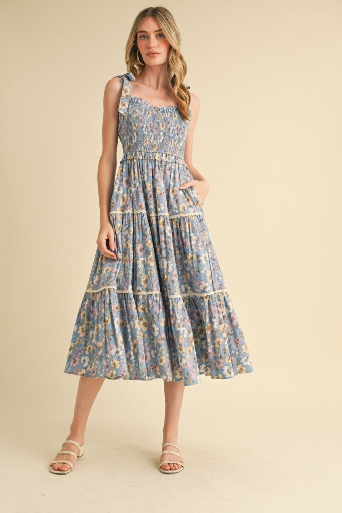 Denim Floral Smocked Ruffled Lace Trim Maternity Midi Dress