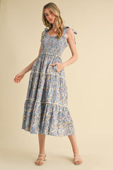 Denim Floral Smocked Ruffled Lace Trim Midi Dress