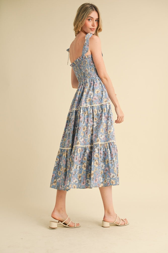 Denim Floral Smocked Ruffled Lace Trim Midi Dress