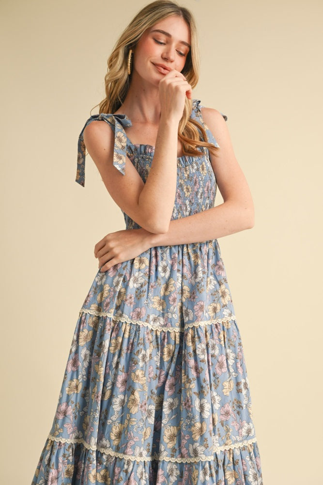 Denim Floral Smocked Ruffled Lace Trim Midi Dress