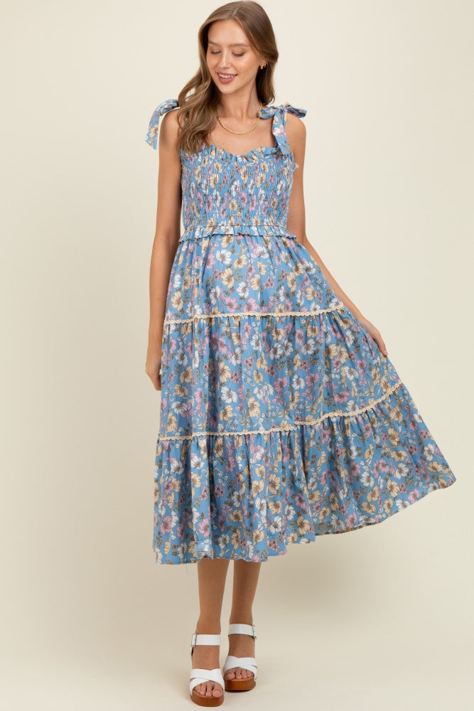 Denim Floral Smocked Ruffled Lace Trim Maternity Midi Dress