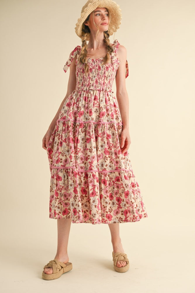 Pink Floral Smocked Ruffled Lace Trim Midi Dress