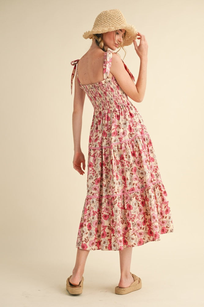 Pink Floral Smocked Ruffled Lace Trim Midi Dress
