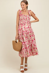 Pink Floral Smocked Ruffled Lace Trim Maternity Midi Dress