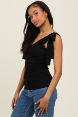 Black Solid Ribbed Sleeveless Tie V-Neck Top