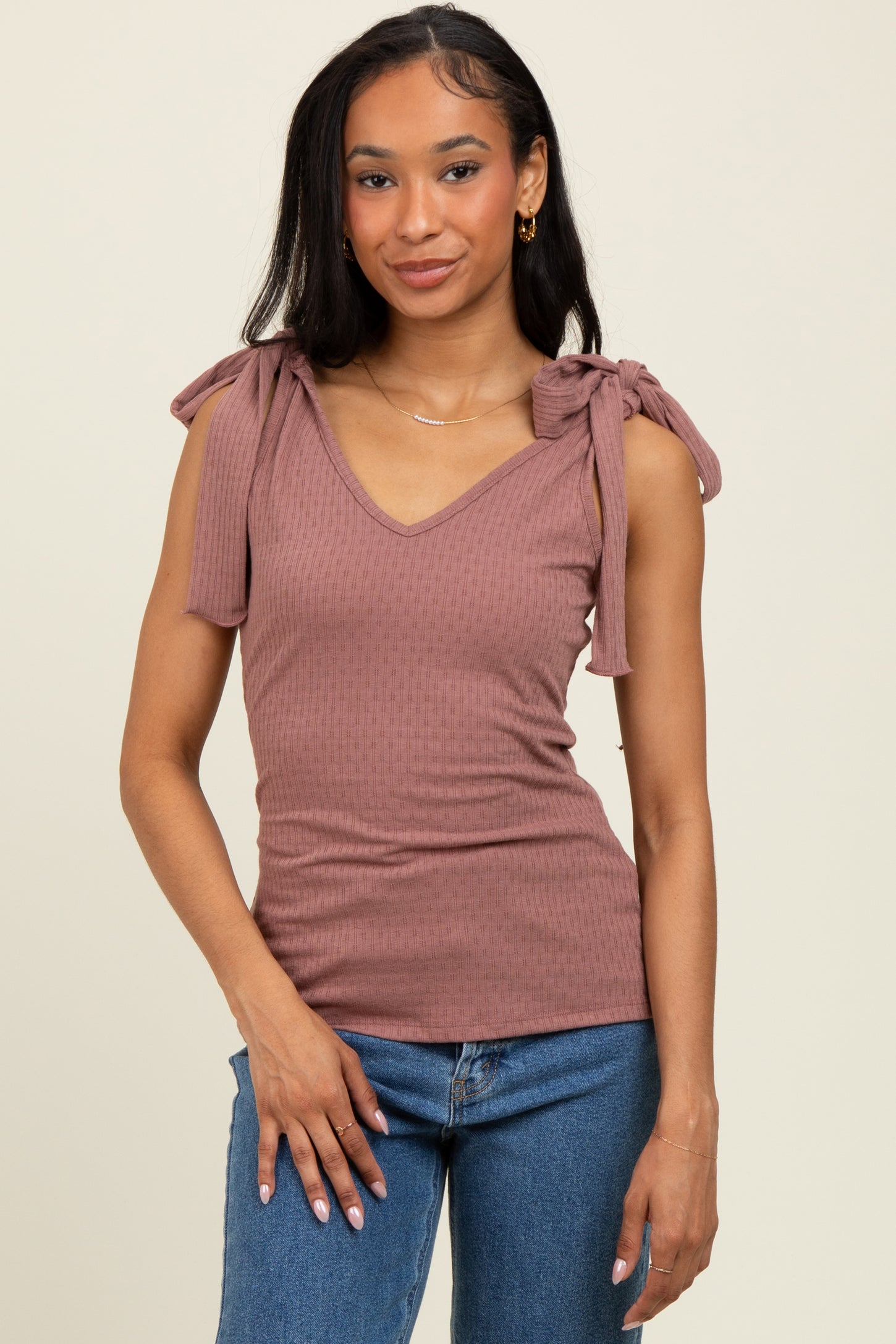 Mauve Solid Ribbed Sleeveless Tie V-Neck Top