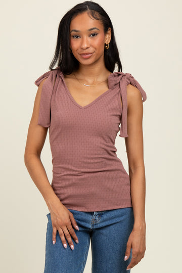Mauve Solid Ribbed Sleeveless Tie V-Neck Top