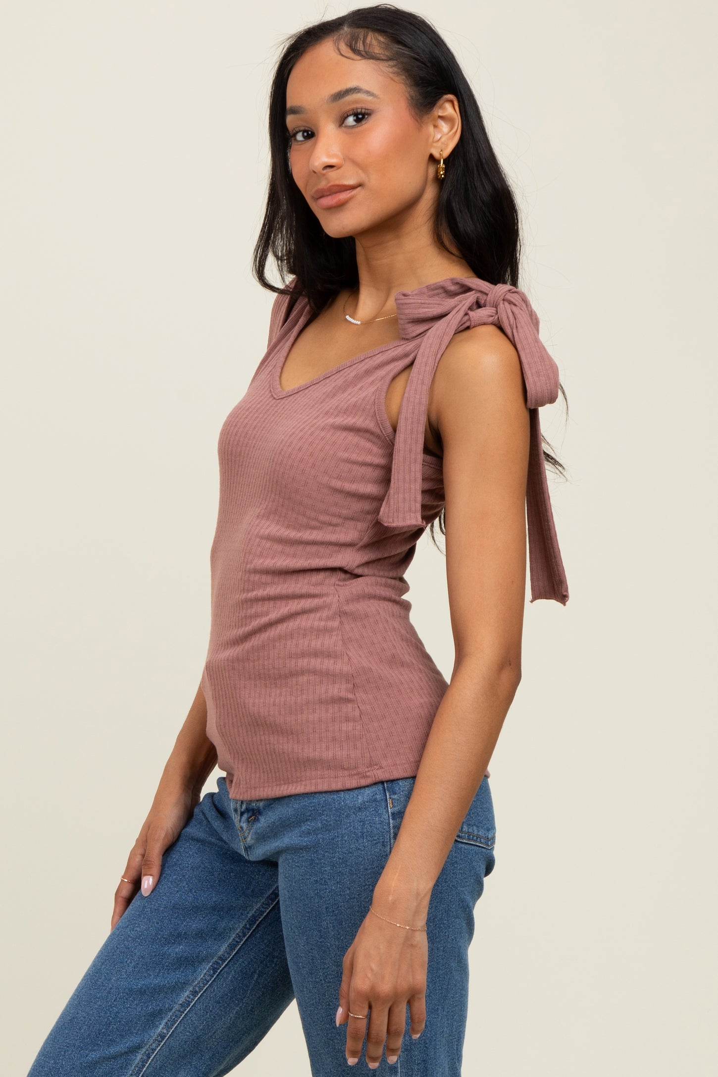 Mauve Solid Ribbed Sleeveless Tie V-Neck Top