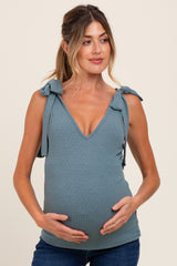 Teal Solid Ribbed Sleeveless Tie V-Neck Maternity Top