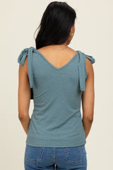 Teal Solid Ribbed Sleeveless Tie V-Neck Top