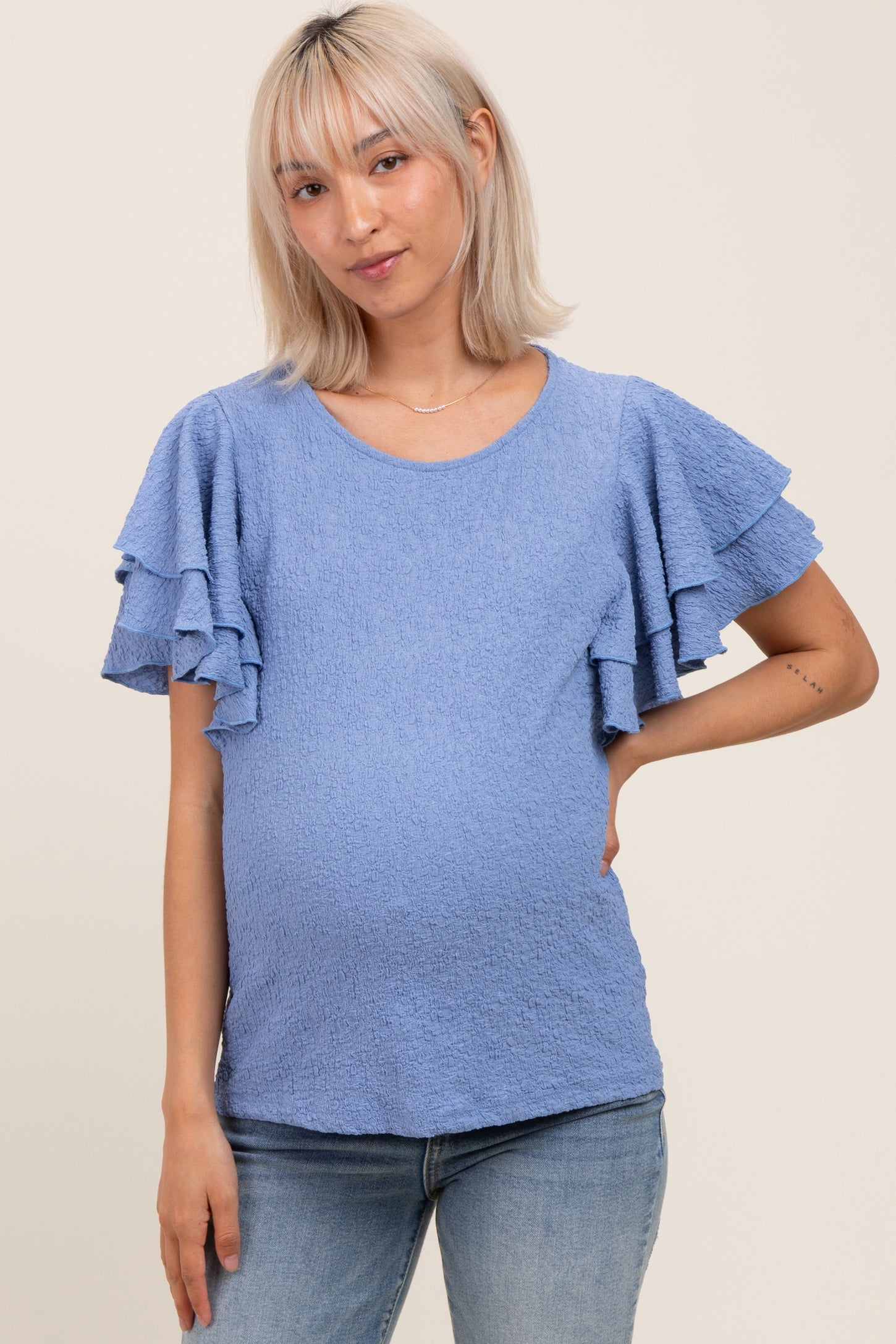 Blue Textured Ruffle Sleeve Maternity Top