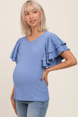 Blue Textured Ruffle Sleeve Maternity Top