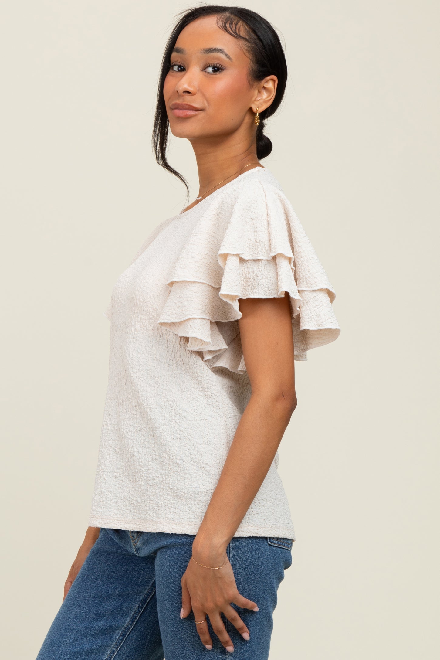 Beige Textured Ruffle Sleeve Top
