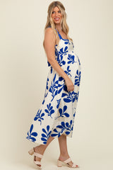 Royal Blue Leaf Print Tie Back Cutout Maternity Midi Dress