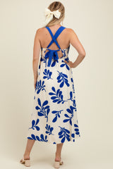 Royal Blue Leaf Print Tie Back Cutout Maternity Midi Dress