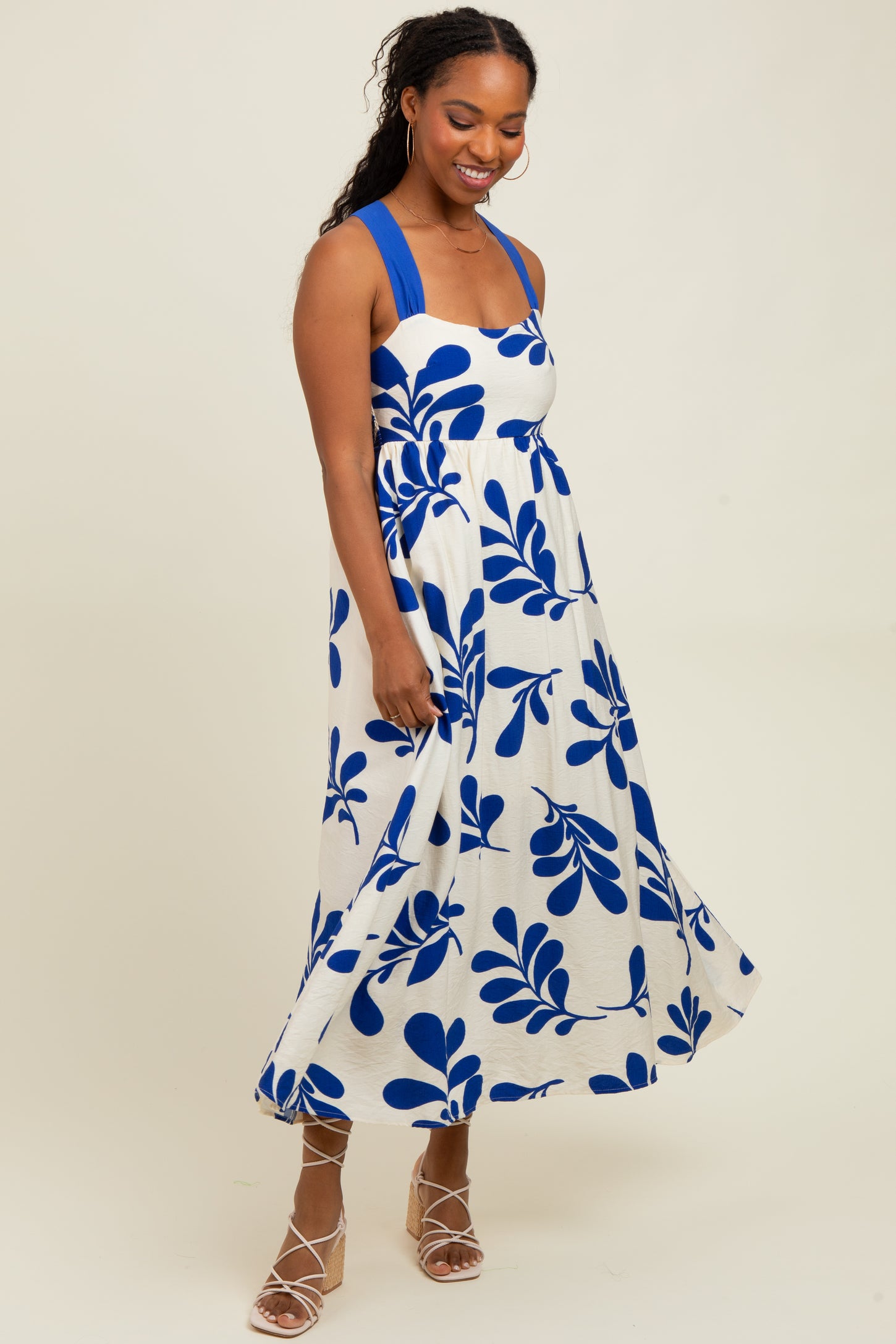 Royal Blue Leaf Print Tie Back Cutout Maternity Midi Dress