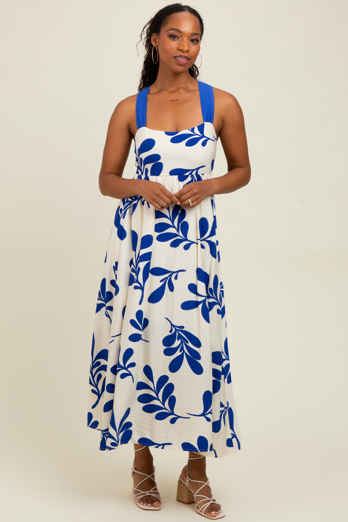 Royal Blue Leaf Print Tie Back Cutout Midi Dress