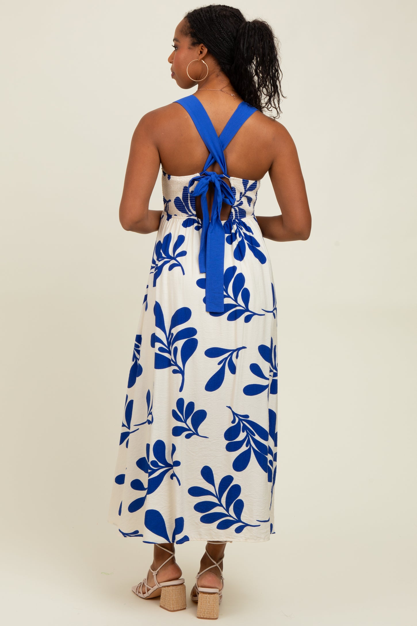 Royal Blue Leaf Print Tie Back Cutout Midi Dress