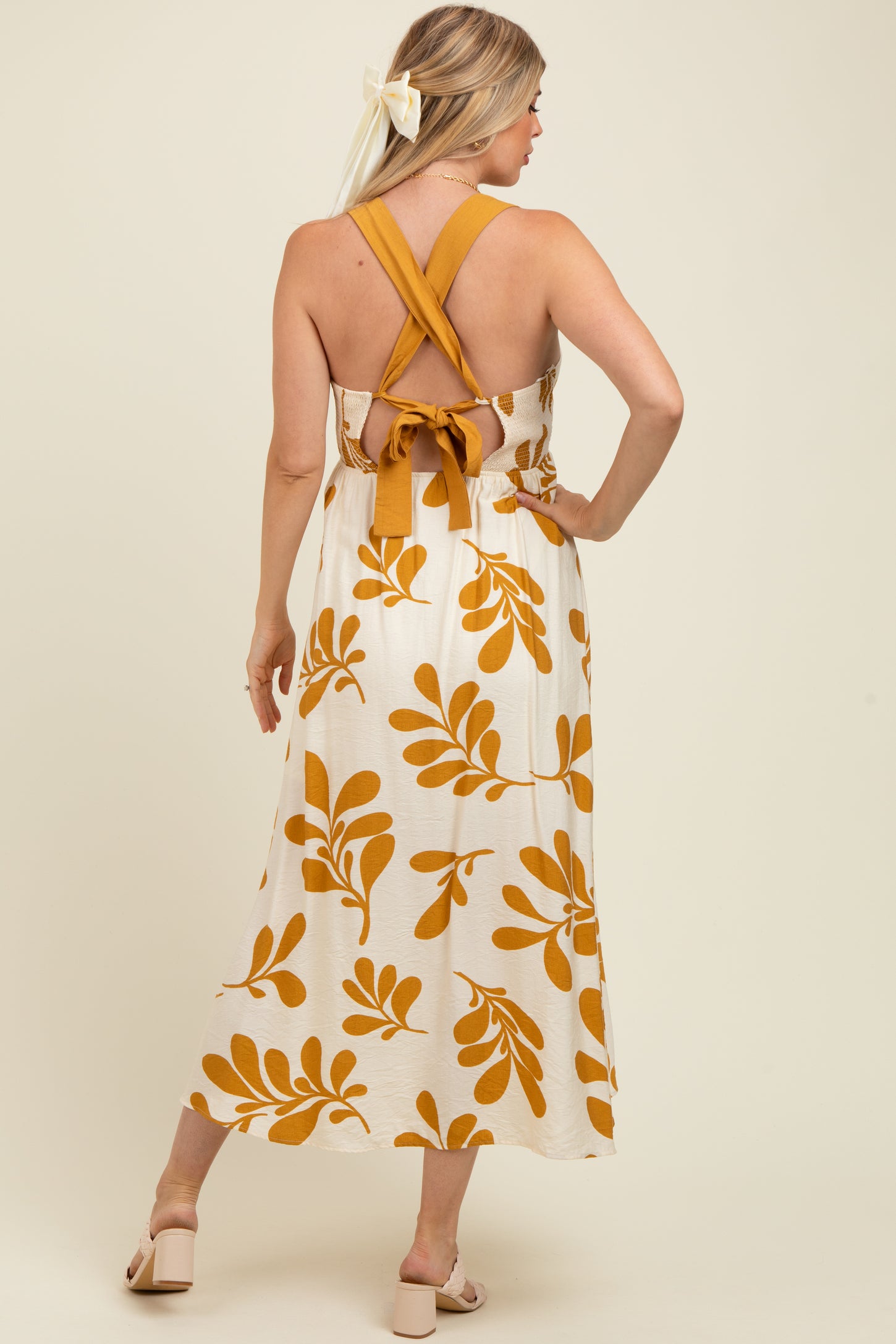 Yellow Leaf Print Tie Back Cutout Maternity Midi Dress