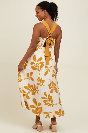 Yellow Leaf Print Tie Back Cutout Midi Dress
