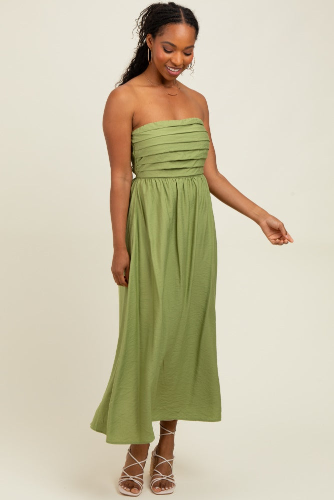 Light Olive Pleated Bodice Strapless Midi Dress
