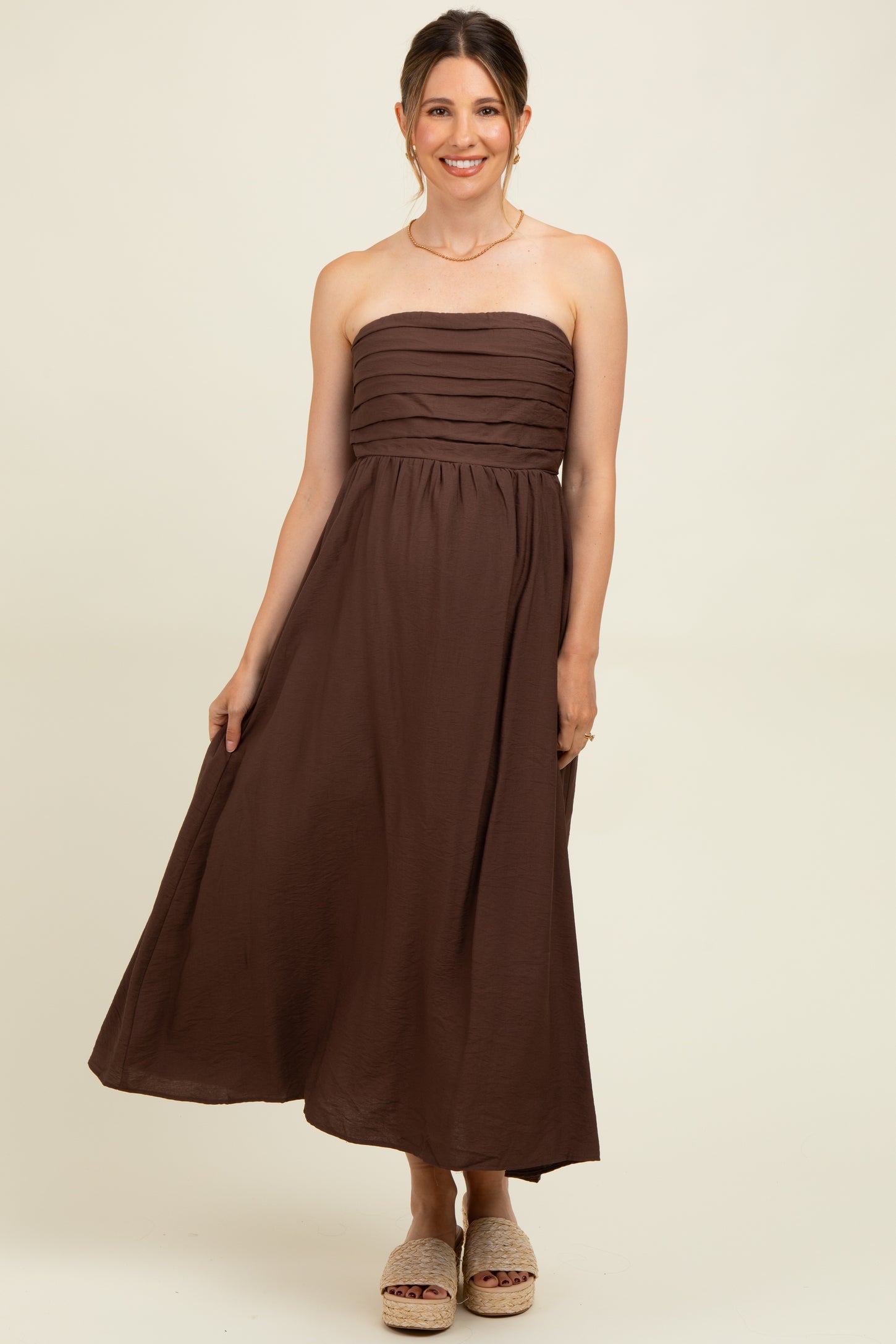 Brown Pleated Bodice Strapless Maternity Midi Dress