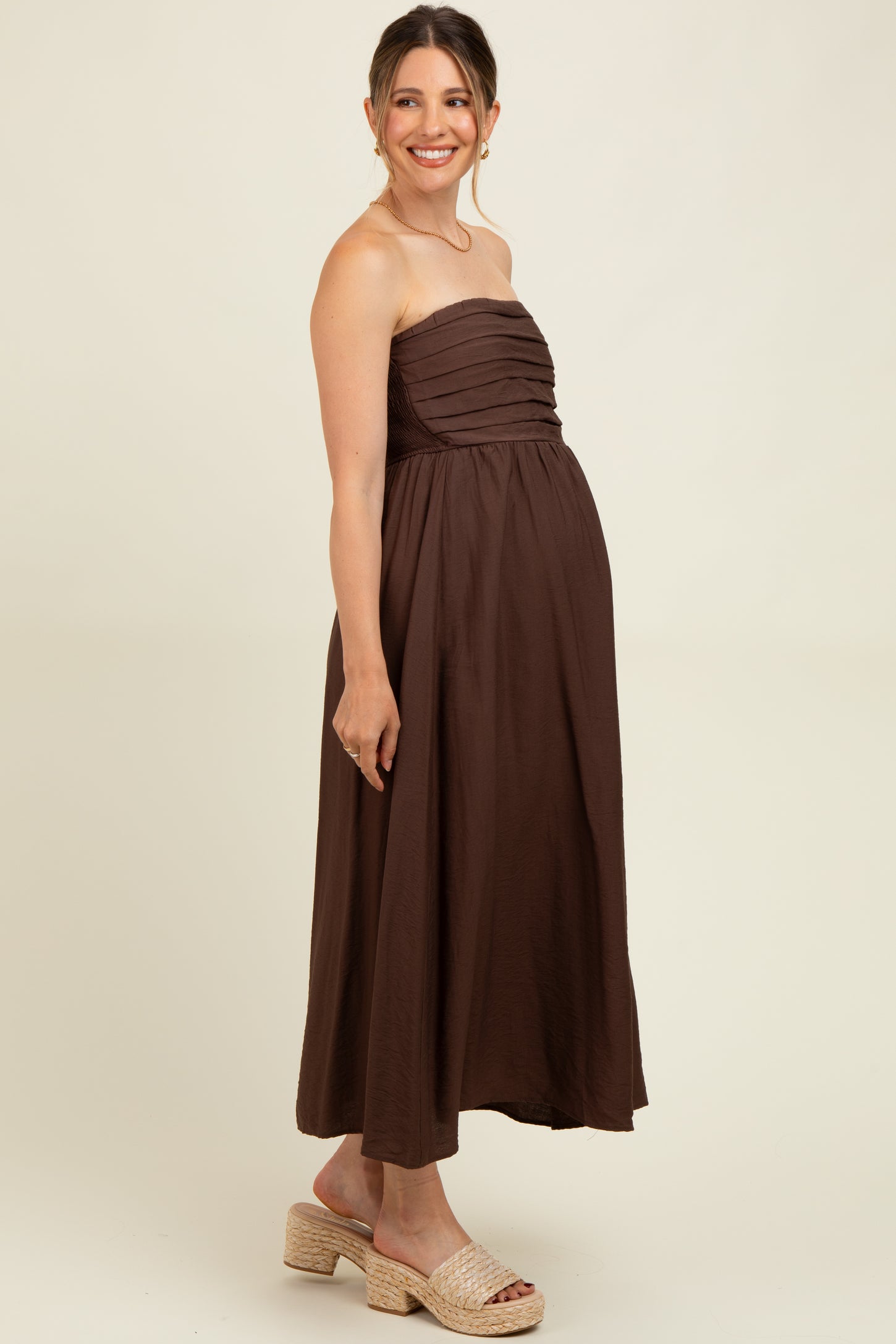 Brown Pleated Bodice Strapless Maternity Midi Dress