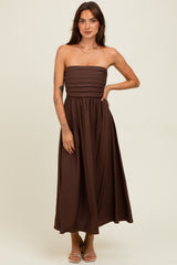Brown Pleated Bodice Strapless Midi Dress