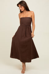 Brown Pleated Bodice Strapless Midi Dress