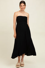 Black Pleated Bodice Strapless Maternity Midi Dress