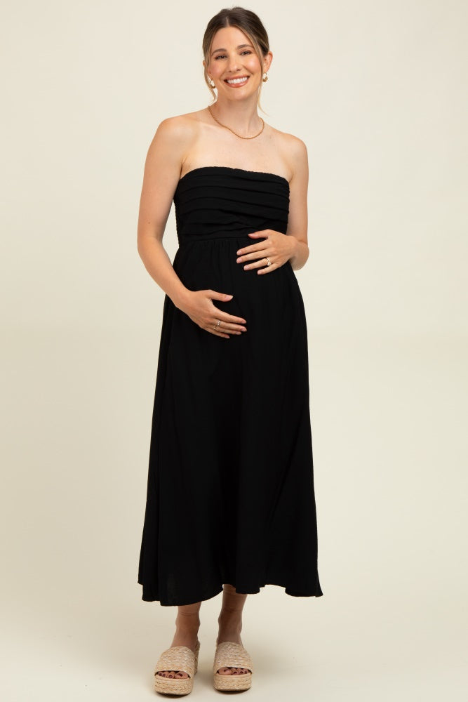 Black Pleated Bodice Strapless Maternity Midi Dress