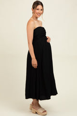 Black Pleated Bodice Strapless Maternity Midi Dress