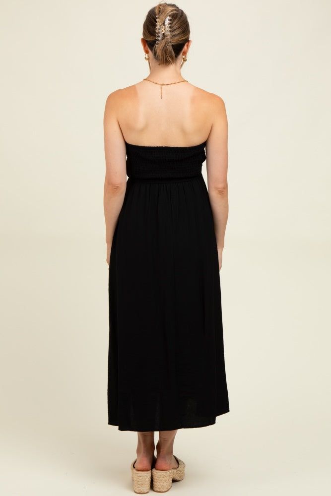 Black Pleated Bodice Strapless Maternity Midi Dress