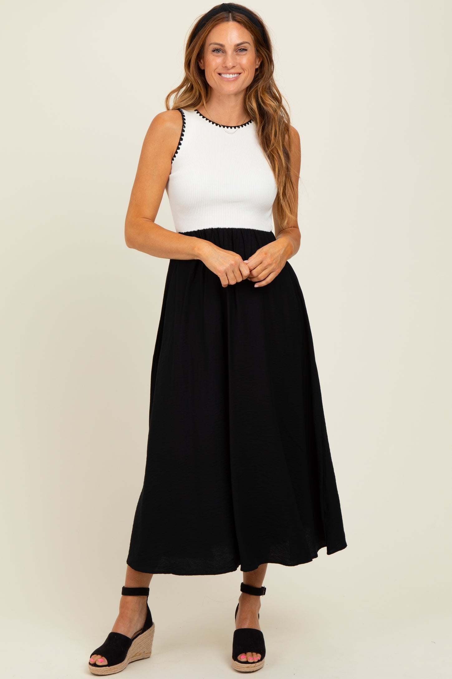 Black Contrast Knit Top Sleeveless Maternity Midi Dress
