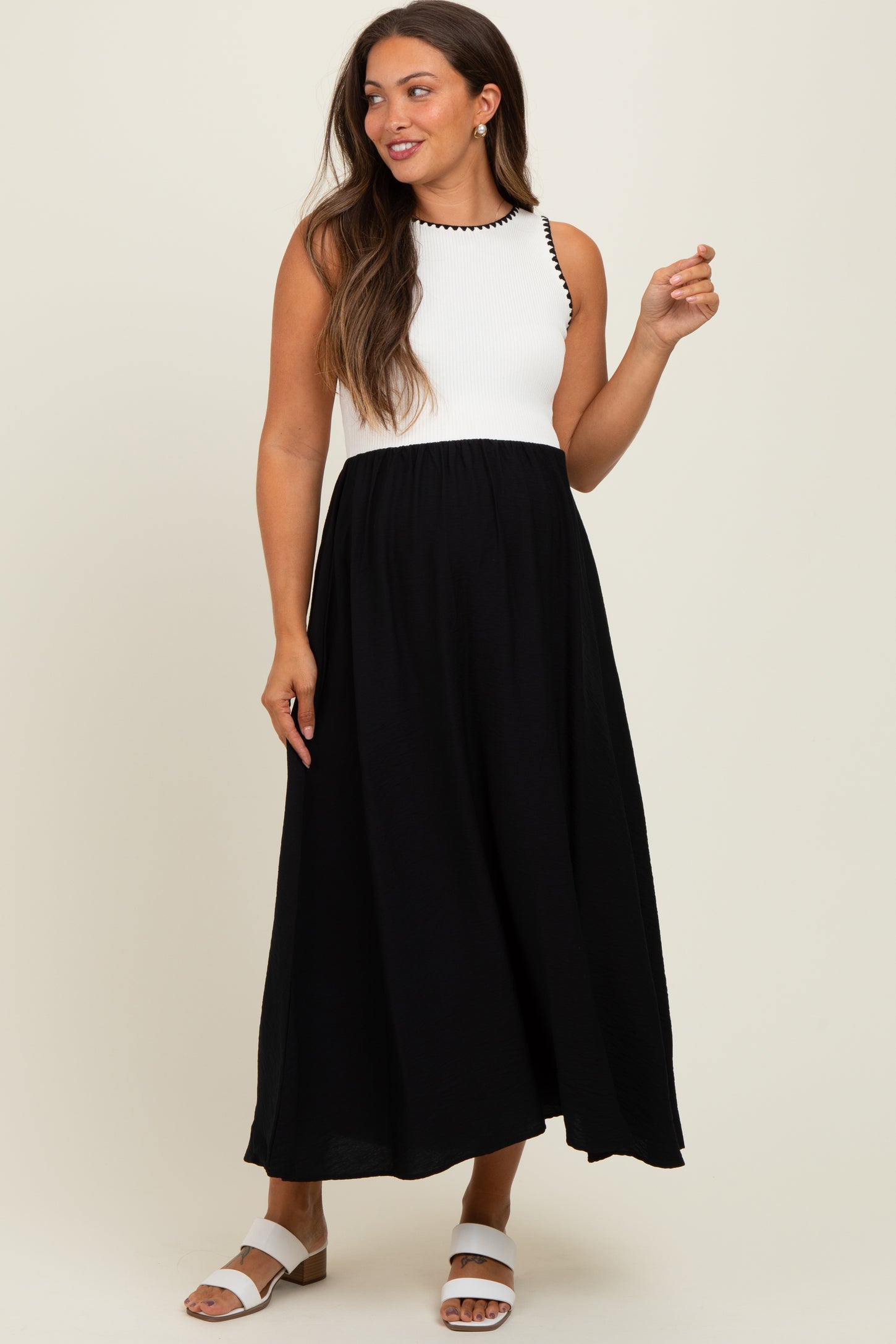 Black Contrast Knit Top Sleeveless Maternity Midi Dress
