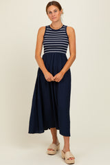 Navy Contrast Striped Knit Sleeveless Midi Dress