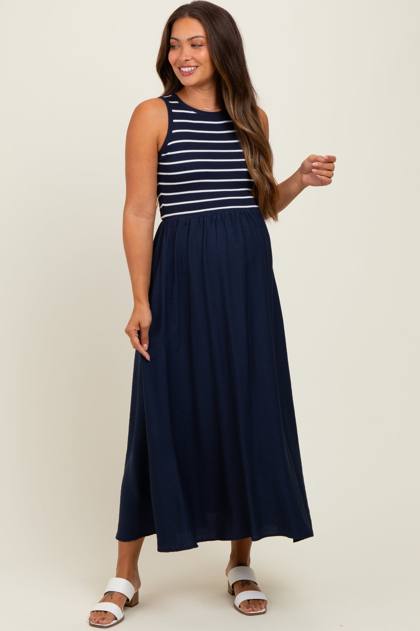 Navy Contrast Striped Knit Sleeveless Maternity Midi Dress