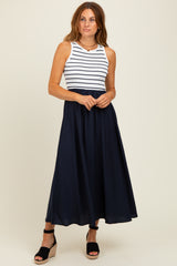 Ivory Contrast Striped Knit Sleeveless Midi Dress