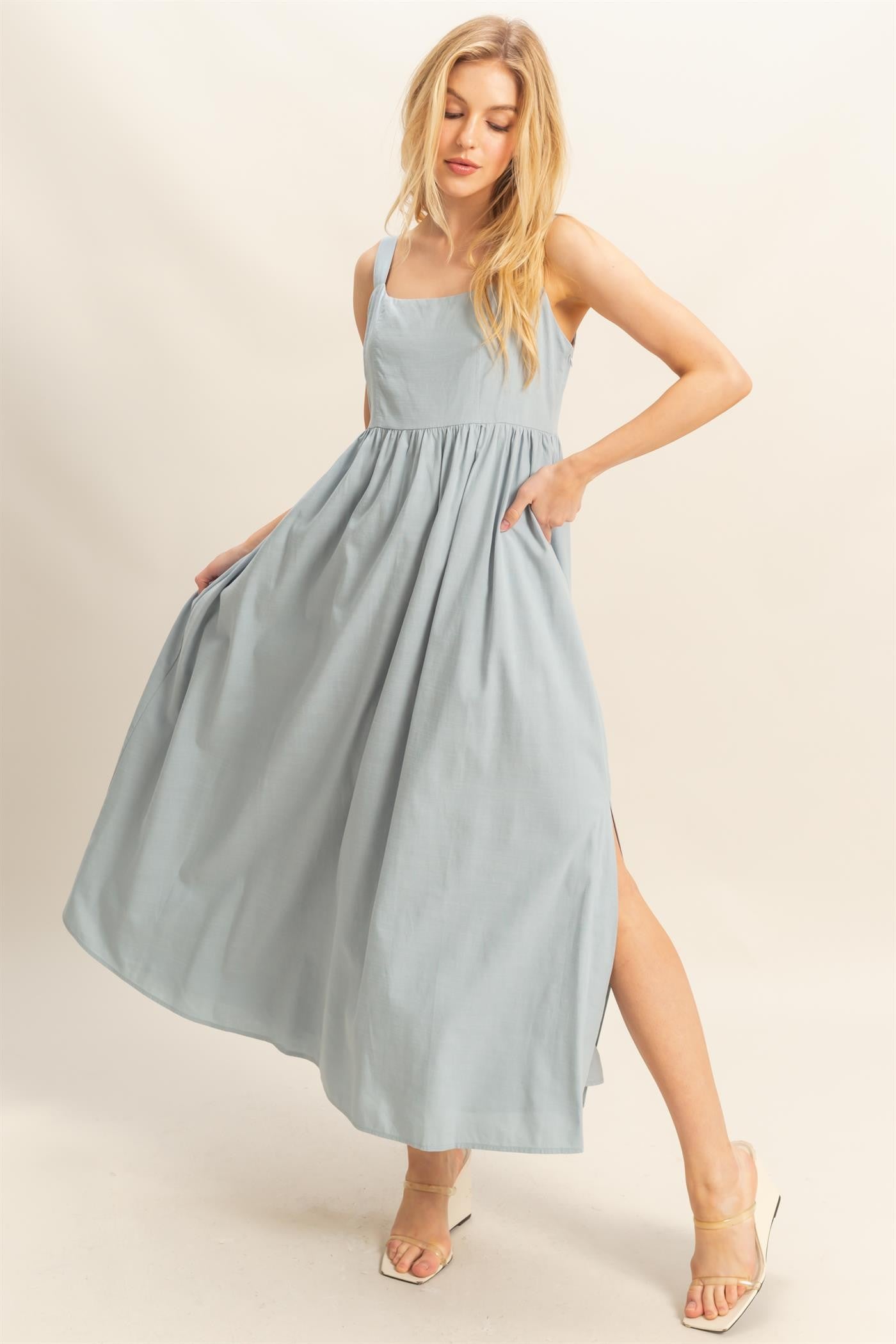 Light Blue Square Neck Fit And Flare Midi Dress