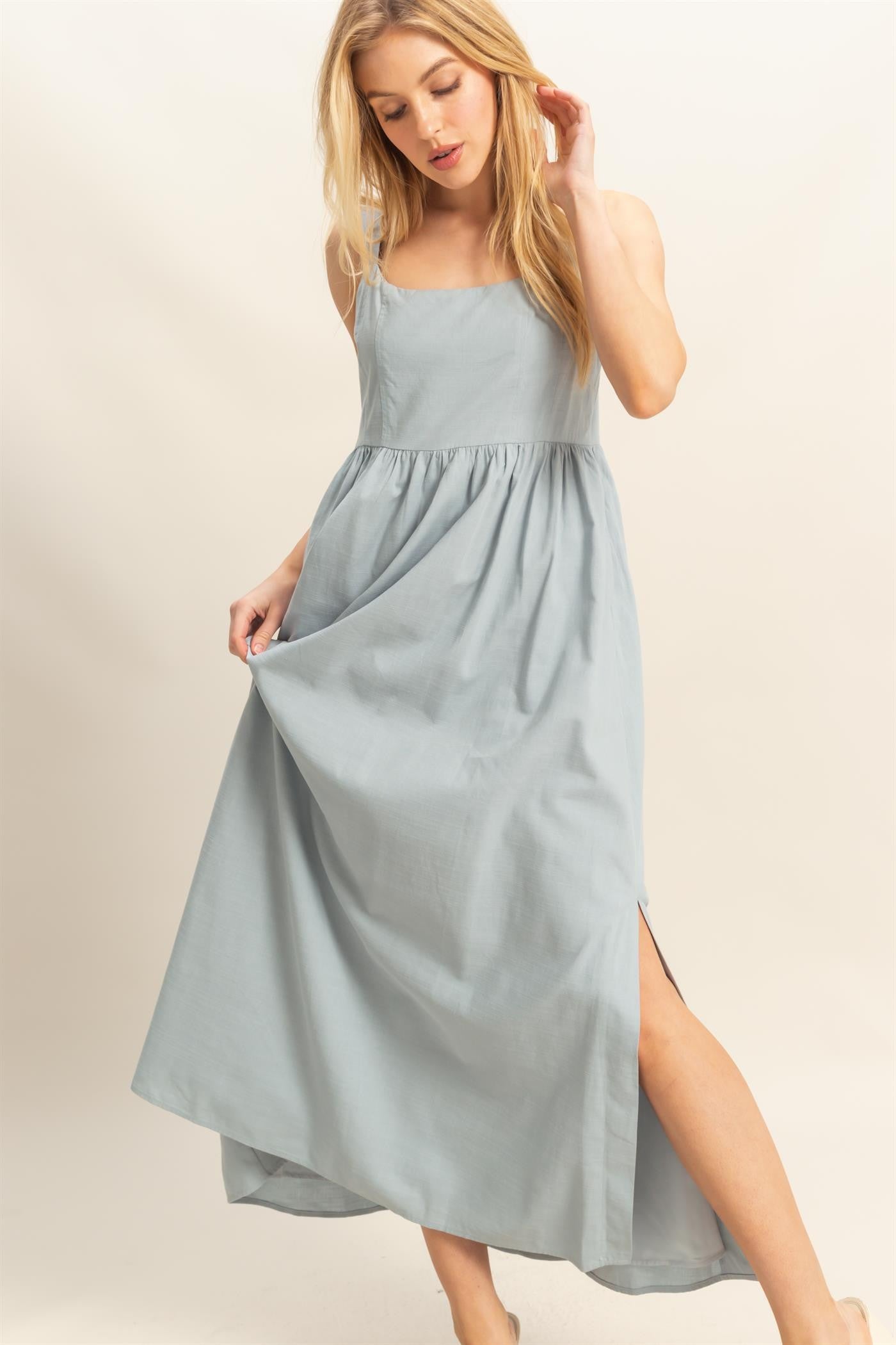Light Blue Square Neck Fit And Flare Midi Dress