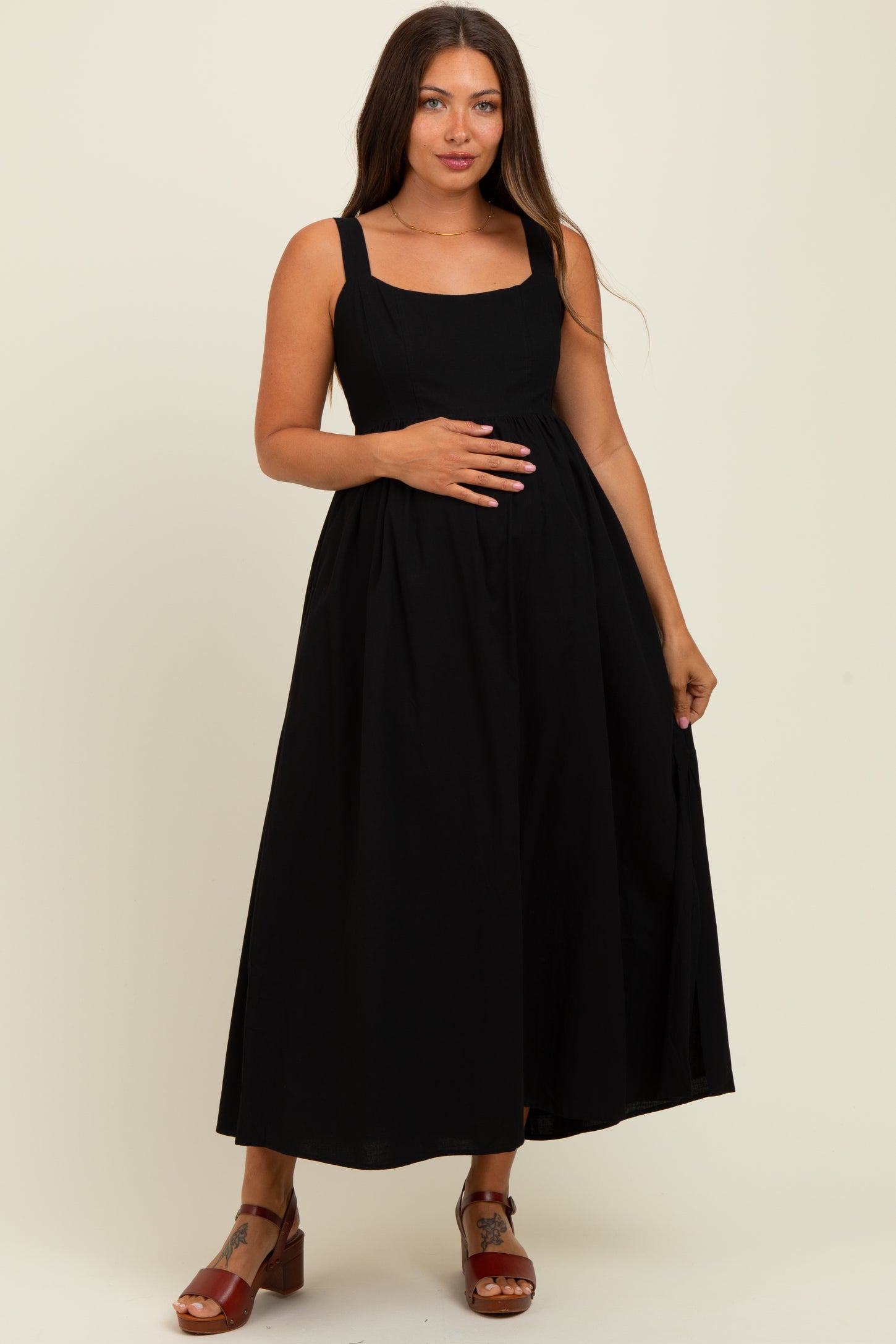 Black Square Neck Fit And Flare Maternity Midi Dress