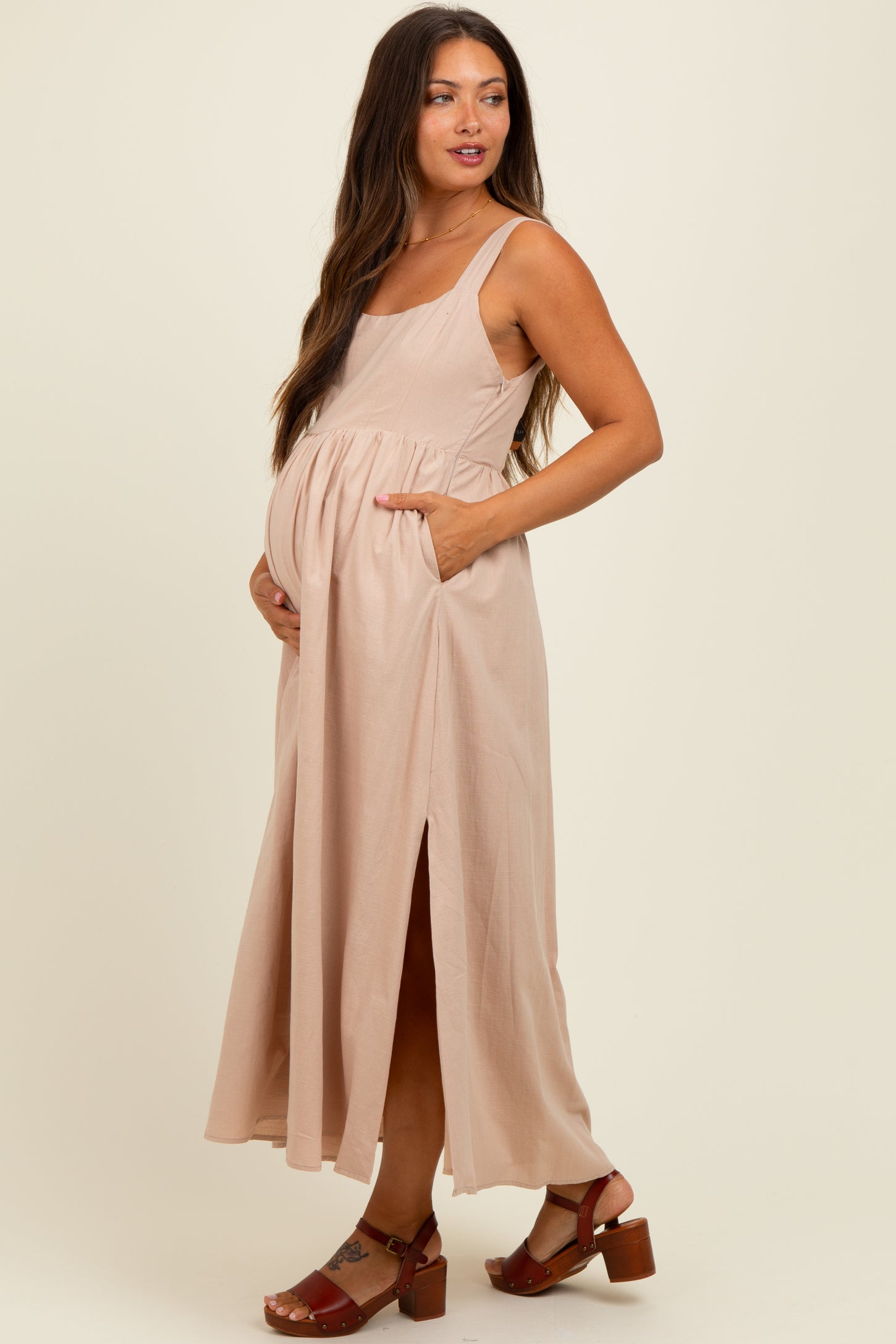 Beige Square Neck Fit And Flare Maternity Midi Dress