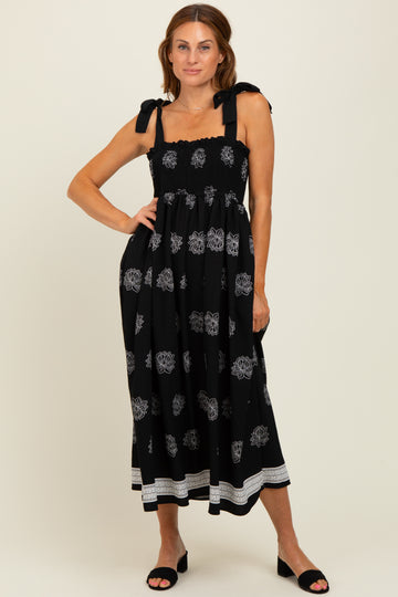 Black/Cream Vintage Floral Border Printed Smocked Top Sleeveless Maxi Dress