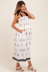 Cream/Black Vintage Floral Border Printed Smocked Top Sleeveless Maternity Maxi Dress