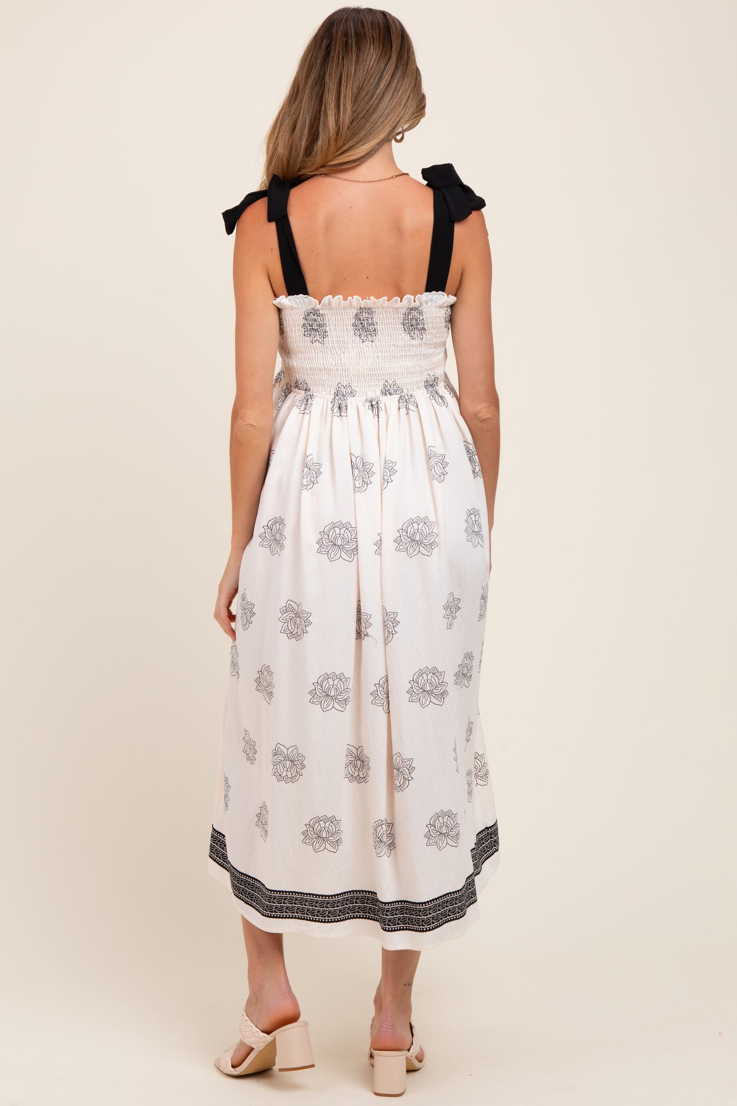 Cream/Black Vintage Floral Border Printed Smocked Top Sleeveless Maternity Maxi Dress