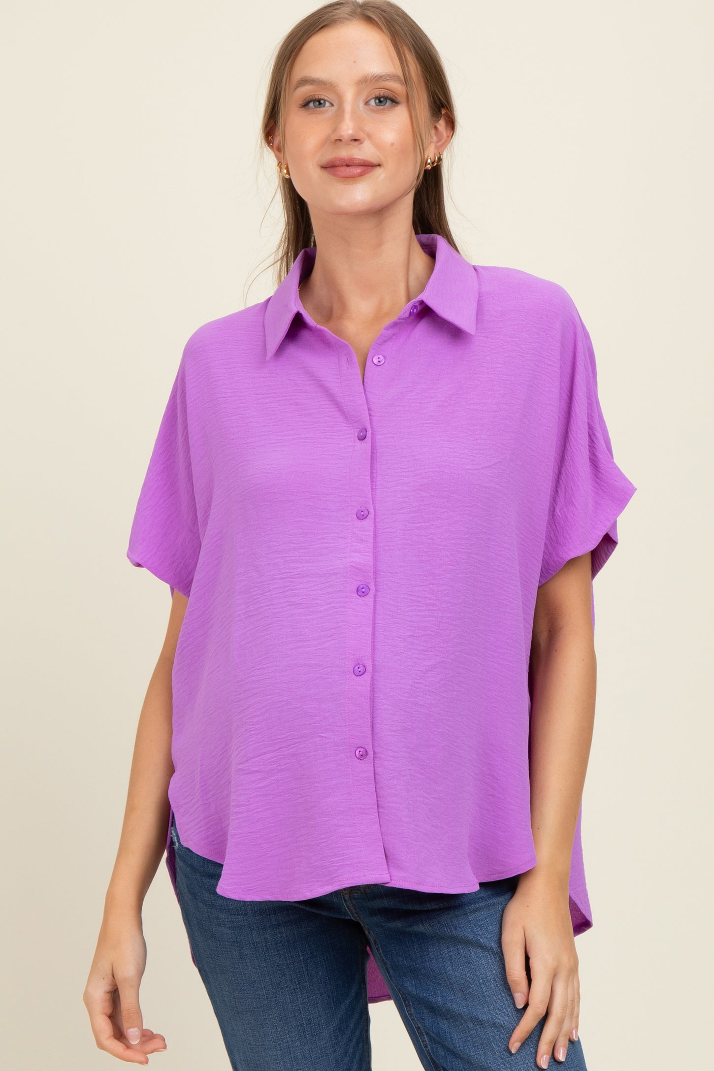 Lavender Solid Collared Button-Up Maternity Top