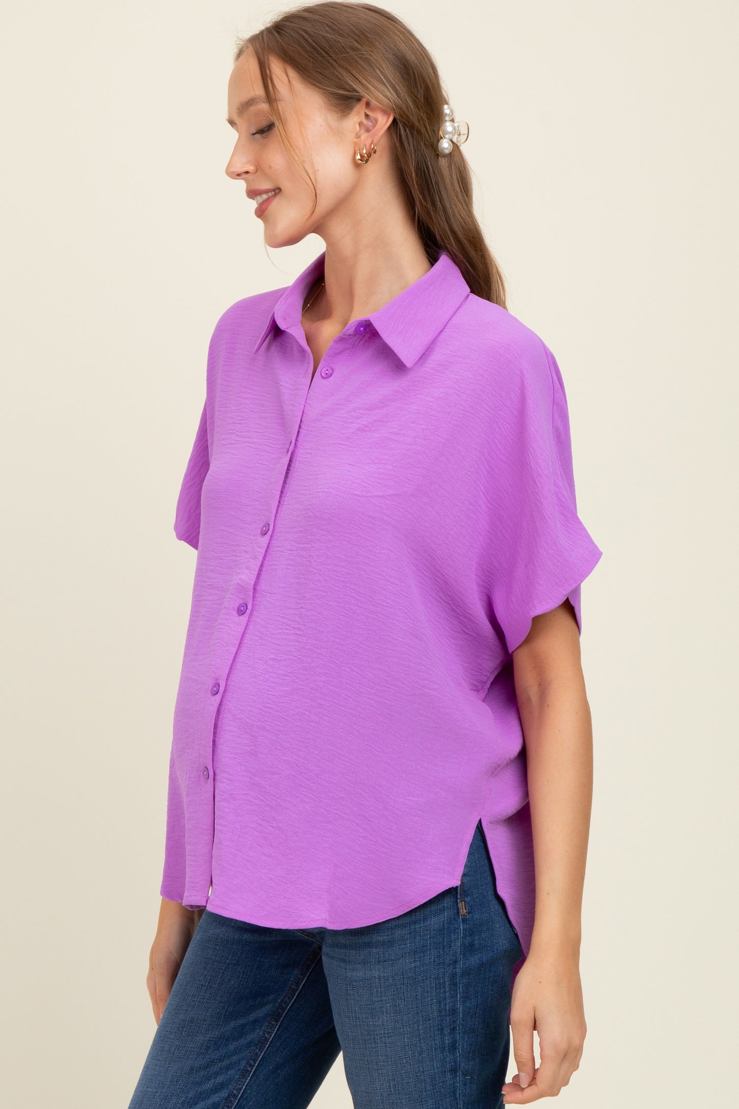 Lavender Solid Collared Button-Up Maternity Top