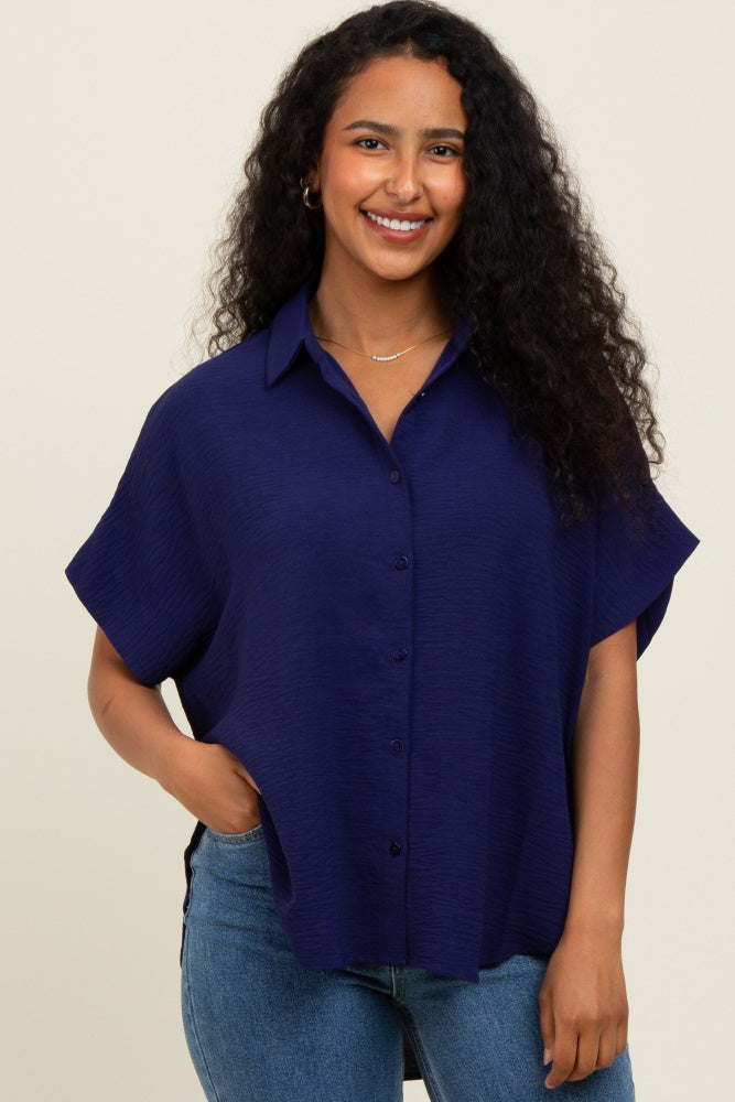 Navy Solid Collared Button-Up Maternity Top