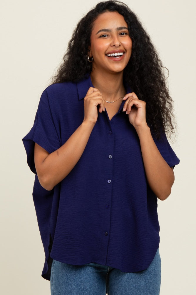 Navy Solid Collared Button-Up Top
