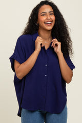 Navy Solid Collared Button-Up Top